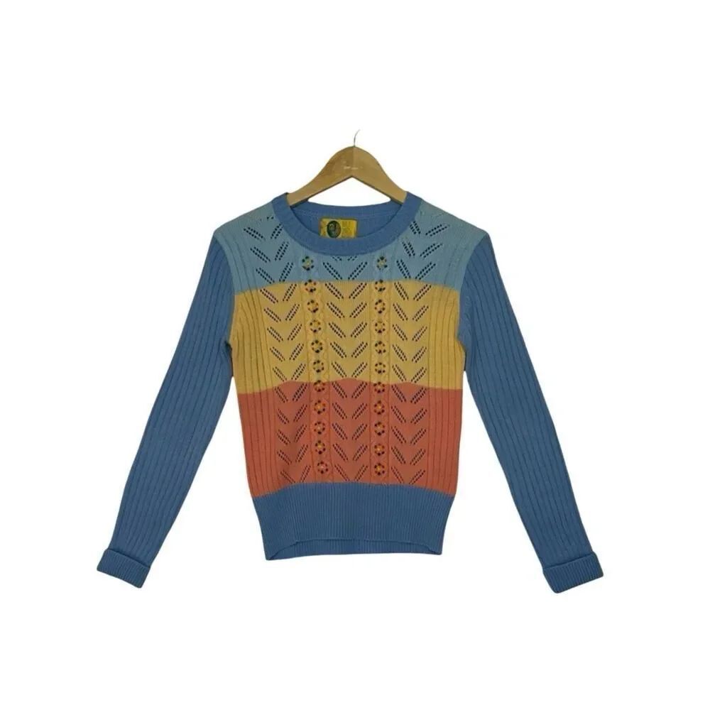 Vintage BEEWEAR Multi Stripe Blue Pink Yellow Knit Sweater Size XS